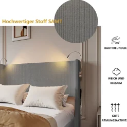 Lit Coffre 140X200cm avec LED et USB, Cadre de lit capitonné en Velours cotelé,gris><noscript><img width=