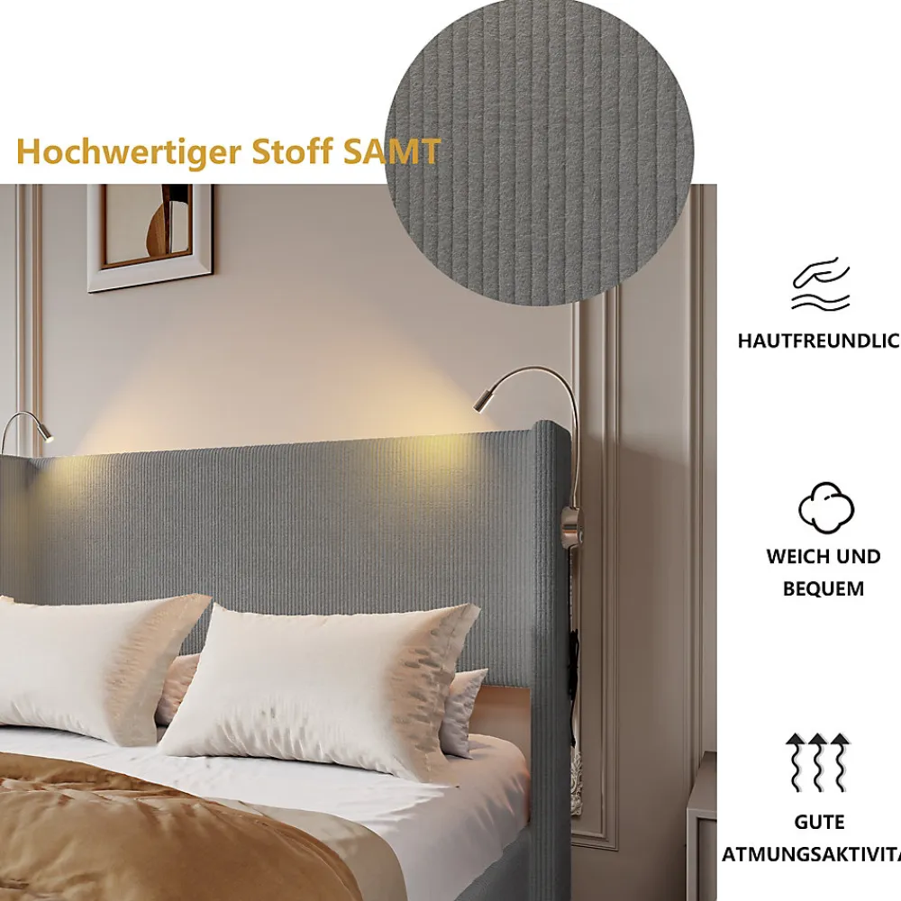 Lit Coffre 140X200cm avec LED et USB, Cadre de lit capitonné en Velours cotelé,gris>Fortuna lai New