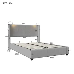 Lit Coffre 140X200cm avec LED et USB, Cadre de lit capitonné en Velours cotelé,gris><noscript><img width=
