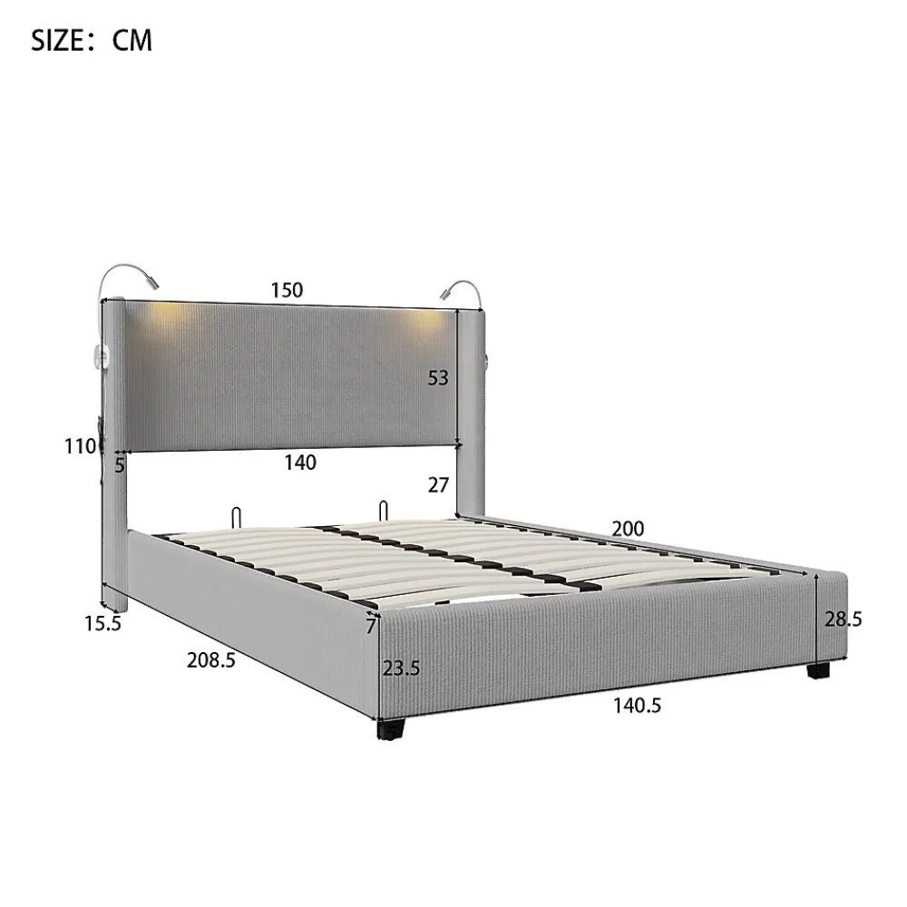 Lit Coffre 140X200cm avec LED et USB, Cadre de lit capitonné en Velours cotelé,gris>Fortuna lai New