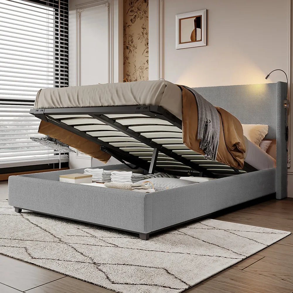 Lit Coffre 140X200cm avec LED et USB, Cadre de lit capitonné en Velours cotelé,gris>Fortuna lai New