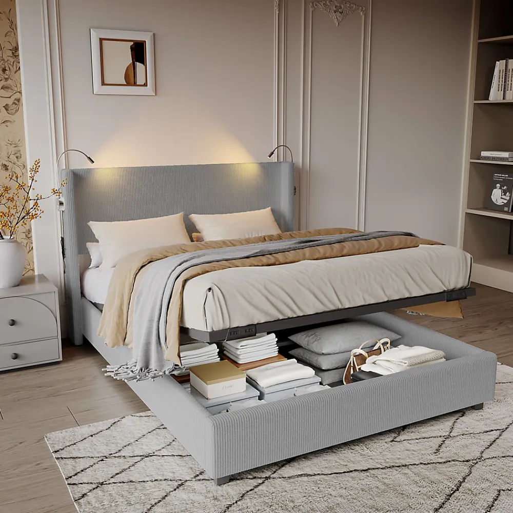 Lit Coffre 140X200cm avec LED et USB, Cadre de lit capitonné en Velours cotelé,gris>Fortuna lai New