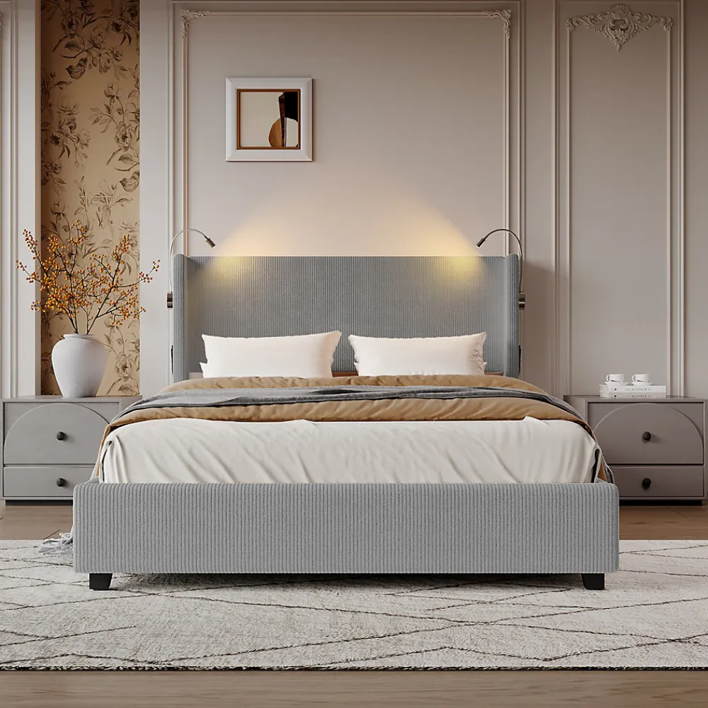 Lit Coffre 140X200cm avec LED et USB, Cadre de lit capitonné en Velours cotelé,gris>Fortuna lai New