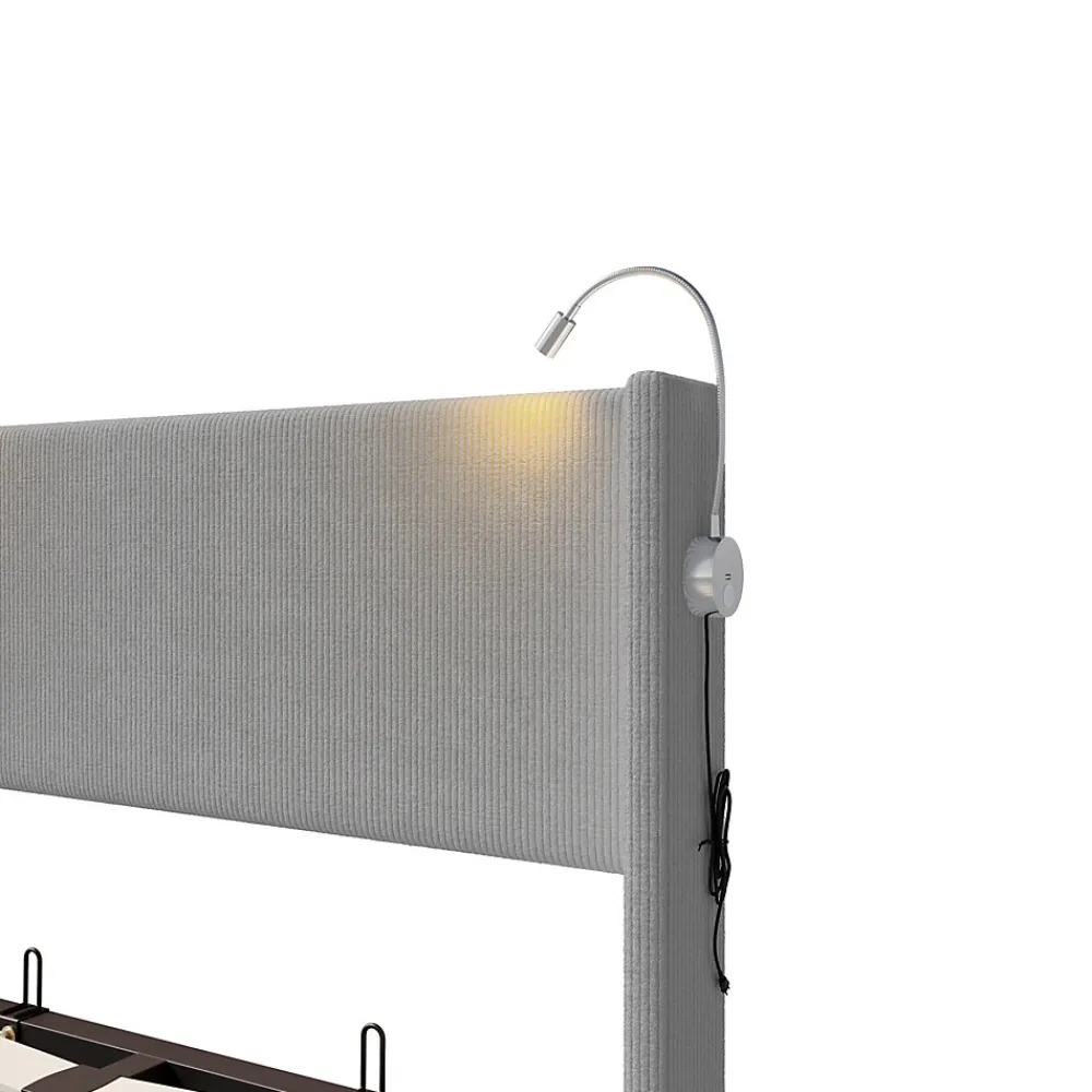 Lit Coffre 140X200cm avec LED et USB, Cadre de lit capitonné en Velours cotelé,gris>Fortuna lai New