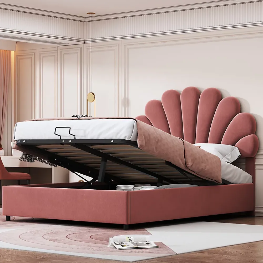 ProximaX Lit coffre 140x200cm, avec sommier à lattes et tête de lit fleurie, réglable en hauteur, tissu velours, rouge haricot* Lit Coffre