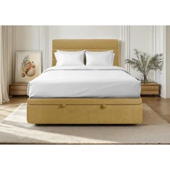 Sommeil De Plomb Lit coffre 200x200cm avec tête de lit lignes Tissu Jaune - Hauteur totale : 39cm* Lit Coffre