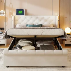 Lit coffre 140x190cm avec tête de lit, liseuse avec chargement USB, sommier à lattes, cadre de lit>Simple Life Best