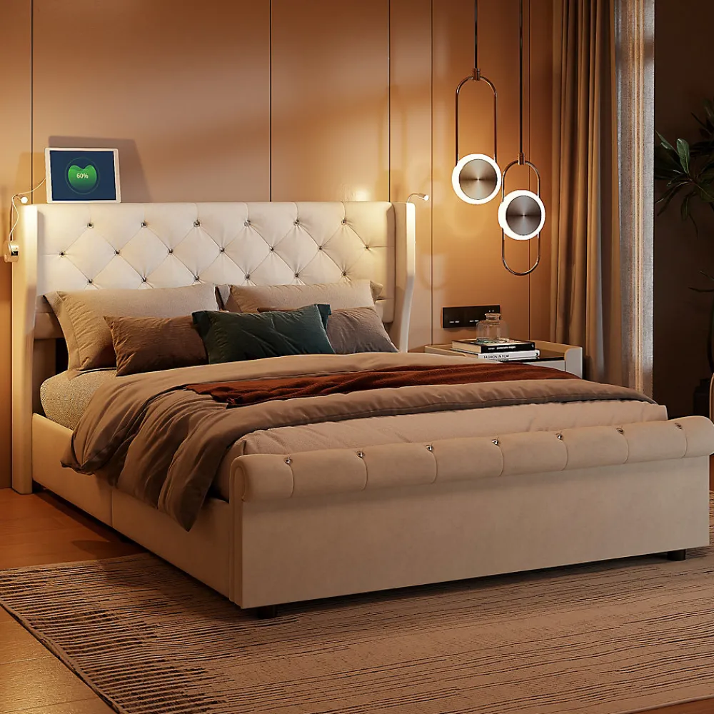 Lit coffre 140x190cm avec tête de lit, liseuse avec chargement USB, sommier à lattes, cadre de lit>Simple Life Best