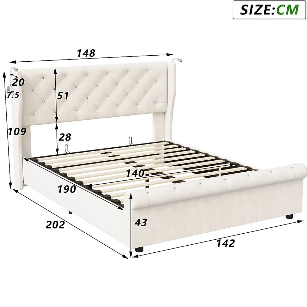 Lit coffre 140x190cm avec tête de lit, liseuse avec chargement USB, sommier à lattes, cadre de lit>Simple Life Best