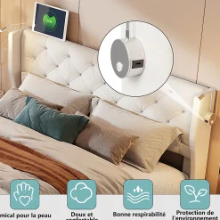 Lit coffre 140x190cm avec tête de lit, liseuse avec chargement USB, sommier à lattes, cadre de lit><noscript><img width=