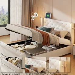 Lit coffre 140x190cm avec tête de lit, liseuse avec chargement USB, sommier à lattes, cadre de lit><noscript><img width=