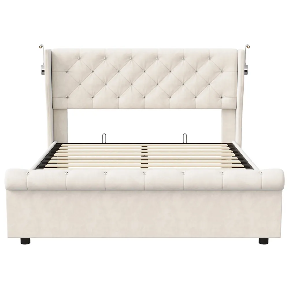 Lit coffre 140x190cm avec tête de lit, liseuse avec chargement USB, sommier à lattes, cadre de lit>Simple Life Best