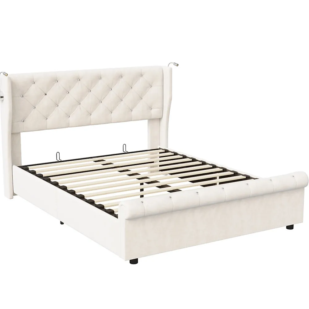 Lit coffre 140x190cm avec tête de lit, liseuse avec chargement USB, sommier à lattes, cadre de lit>Simple Life Best