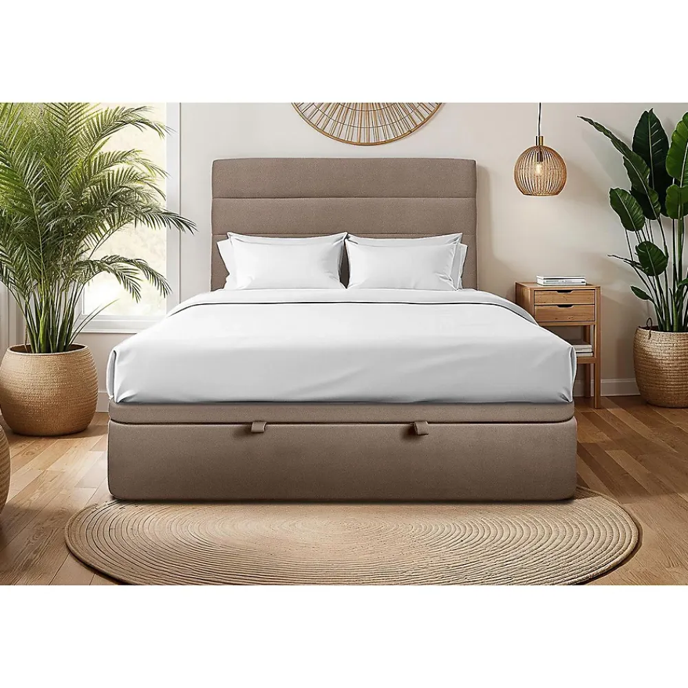 Sommeil De Plomb Lit coffre 180x200cm avec tête de lit lignes Velours Taupe - Hauteur totale : 39cm* Lit Coffre