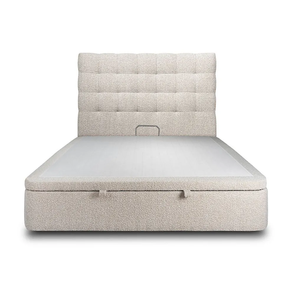 Lit coffre 200x200cm avec tête de lit capitonnée Bouclette Beige - Hauteur totale : 39cm>Sommeil De Plomb Sale