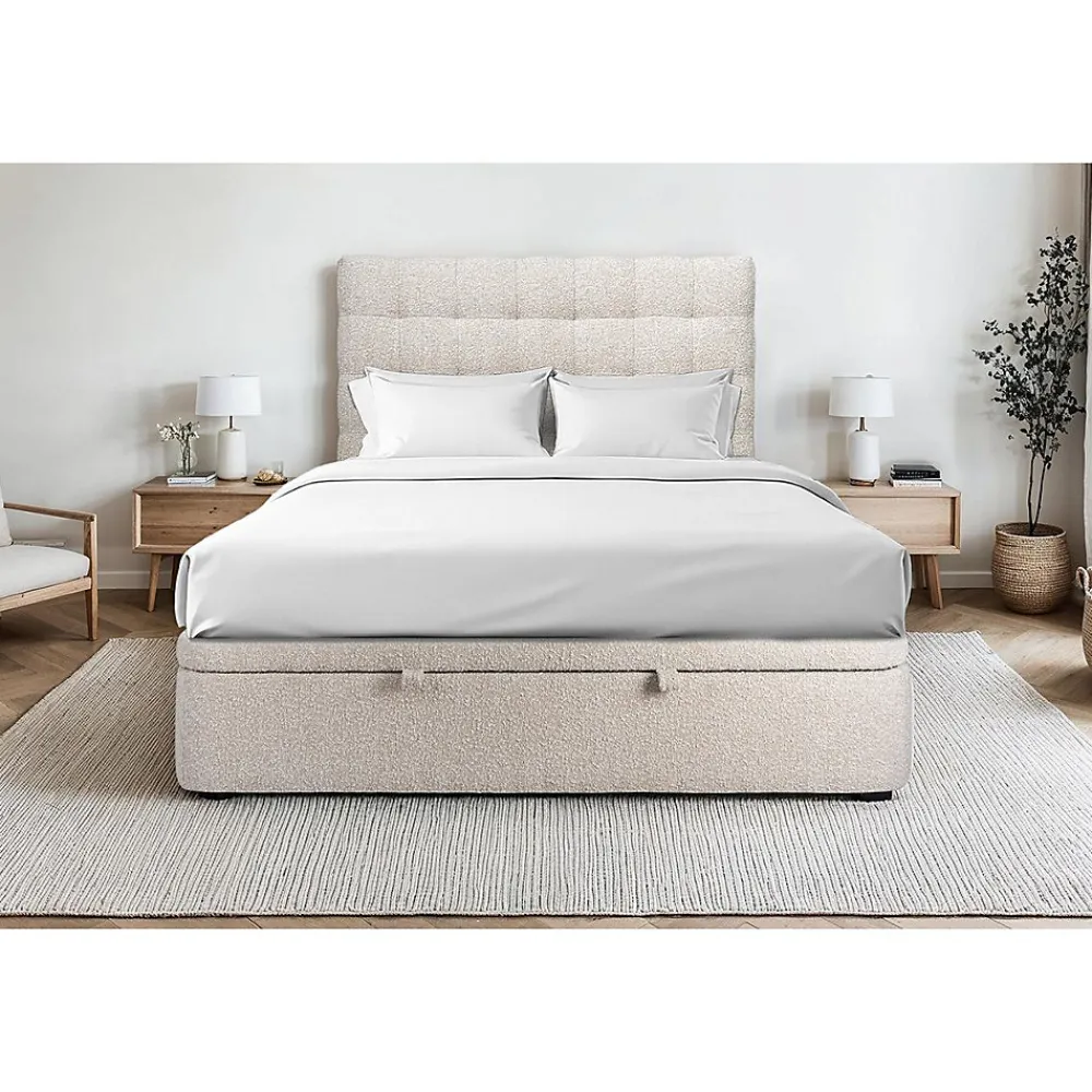 Lit coffre 200x200cm avec tête de lit capitonnée Bouclette Beige - Hauteur totale : 39cm>Sommeil De Plomb Sale
