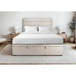 Lit coffre 200x200cm avec tête de lit lignes Bouclette Beige - Hauteur totale : 39cm>Sommeil De Plomb Outlet
