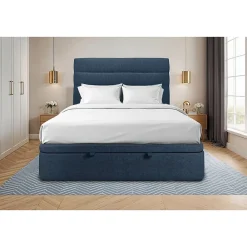 Sommeil De Plomb Lit coffre 180x200cm avec tête de lit lignes Tissu Bleu - Hauteur totale : 39cm* Lit Coffre