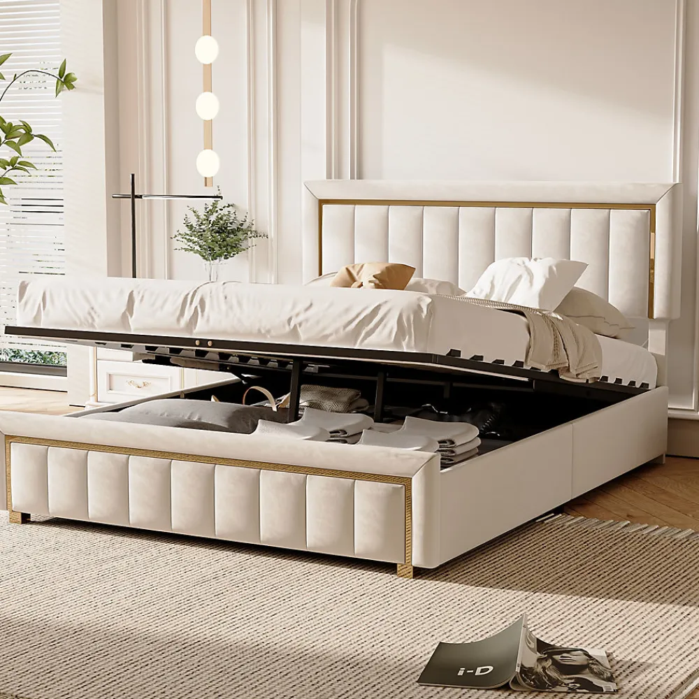 Lit coffre 140x190cm avec tête de lit capitonnée, sommier à lattes, velours, finitions dorées, beige>Fortuna lai Hot
