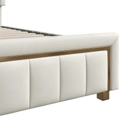 Lit coffre 140x190cm avec tête de lit capitonnée, sommier à lattes, velours, finitions dorées, beige><noscript><img width=