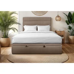 Sommeil De Plomb Lit coffre 140x200cm avec tête de lit lignes Velours Taupe - Hauteur totale : 39cm* Lit Coffre