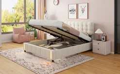 Lit Coffre 160x200cm, Cadre De Lit Rembourré Avec Éclairage LED Et Sommier à Lattes, Velours Beige><noscript><img width=