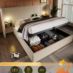 Lit coffre 180x200cm en lin - 2 tables de chavet avec liseuse - avec sommier à lattes - Beige>ModernLuxe Online