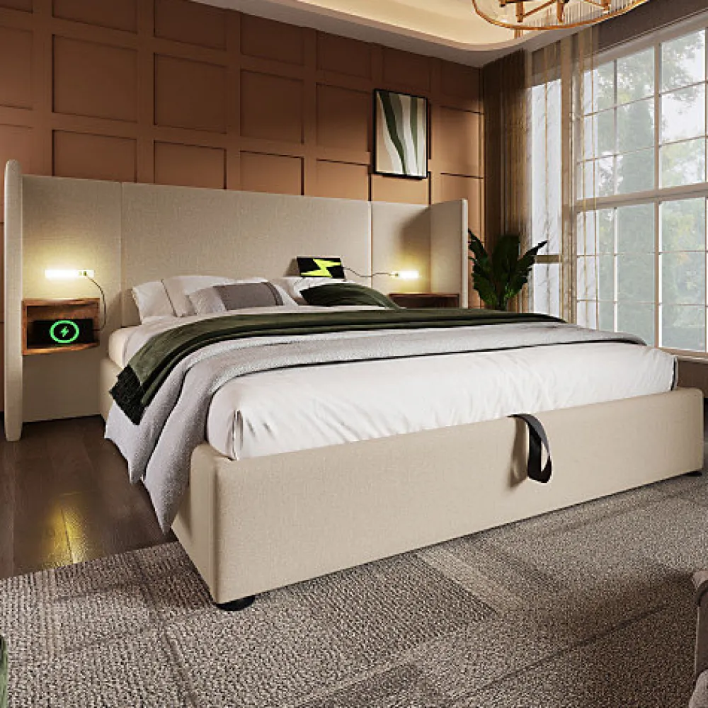Lit coffre 180x200cm en lin - 2 tables de chavet avec liseuse - avec sommier à lattes - Beige>ModernLuxe Online