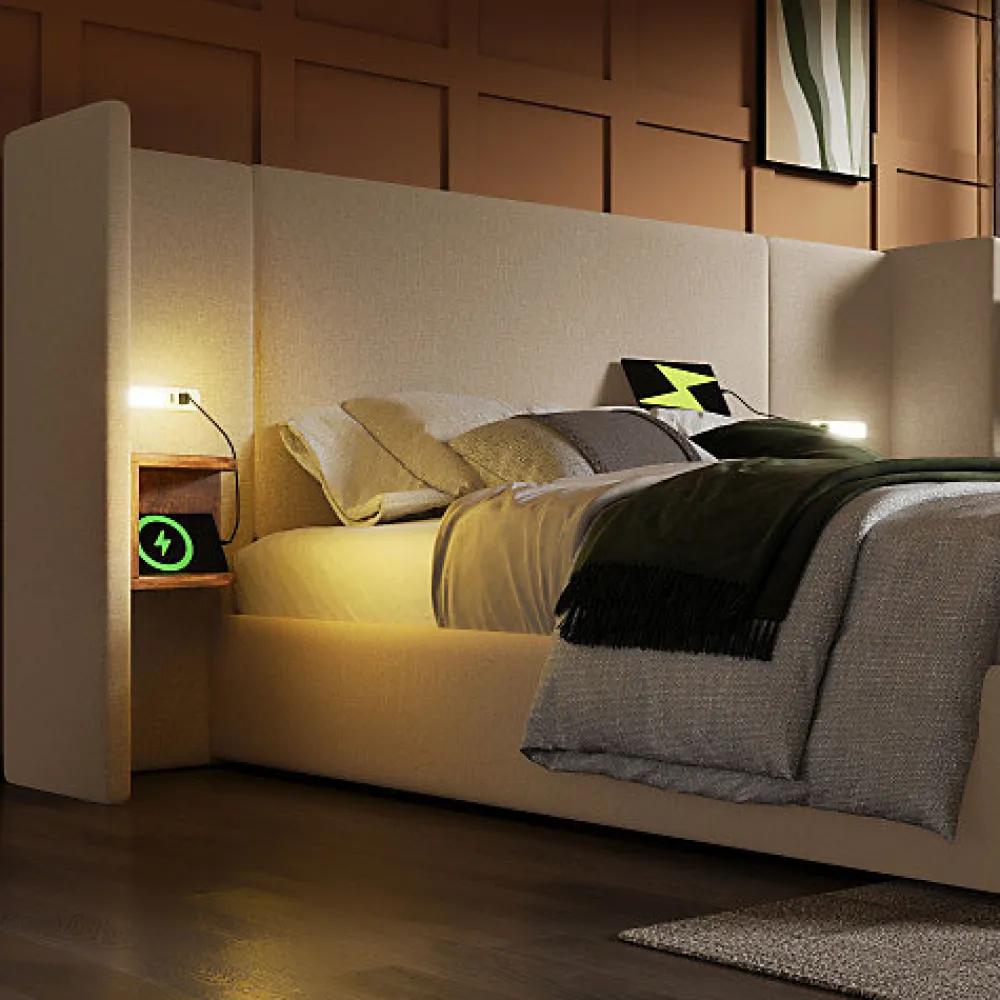 Lit coffre 180x200cm en lin - 2 tables de chavet avec liseuse - avec sommier à lattes - Beige>ModernLuxe Online