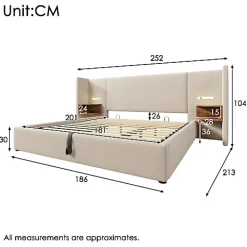 Lit coffre 180x200cm en lin - 2 tables de chavet avec liseuse - avec sommier à lattes - Beige><noscript><img width=