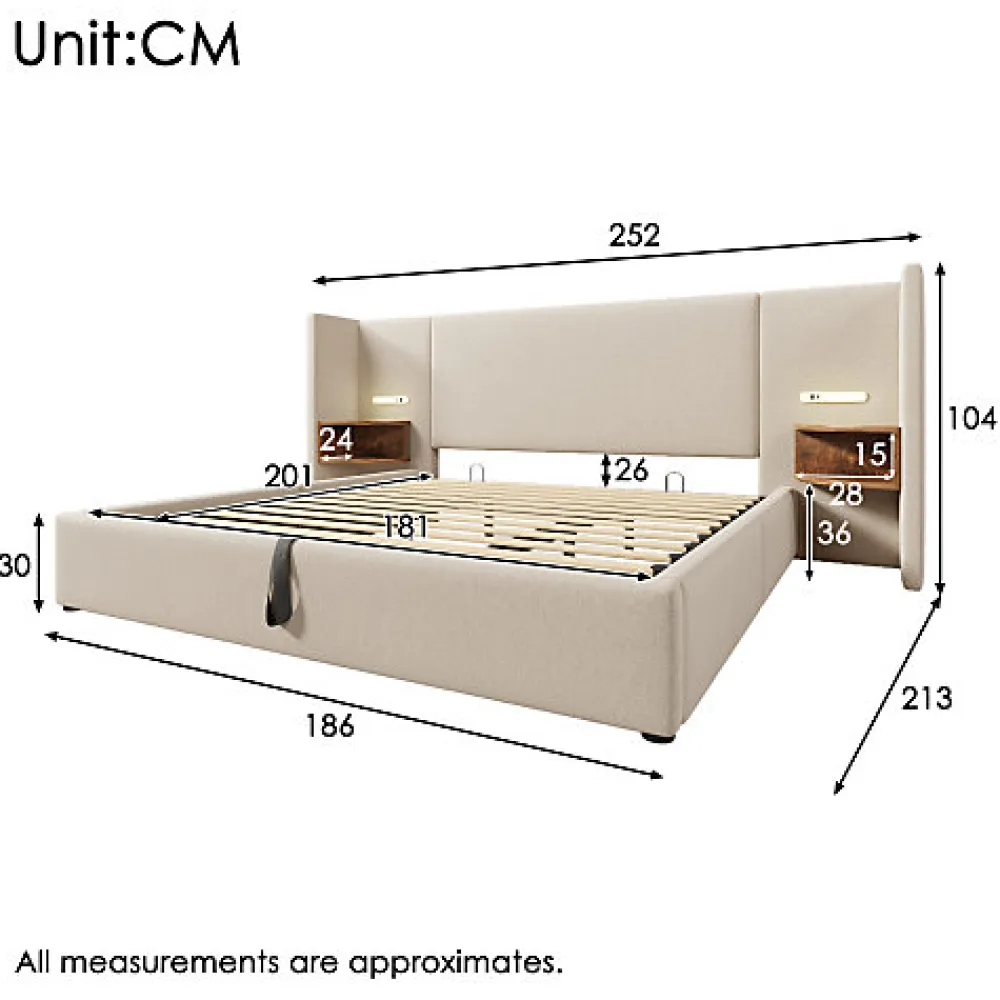 Lit coffre 180x200cm en lin - 2 tables de chavet avec liseuse - avec sommier à lattes - Beige>ModernLuxe Online