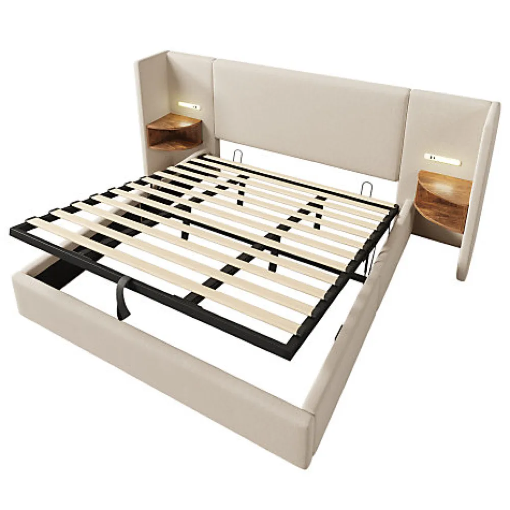 Lit coffre 180x200cm en lin - 2 tables de chavet avec liseuse - avec sommier à lattes - Beige>ModernLuxe Online