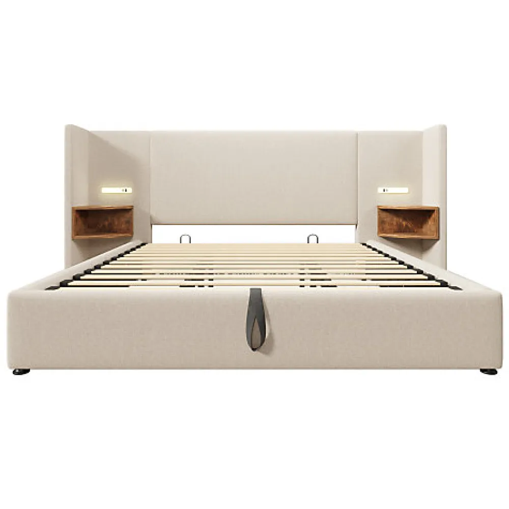 Lit coffre 180x200cm en lin - 2 tables de chavet avec liseuse - avec sommier à lattes - Beige>ModernLuxe Online