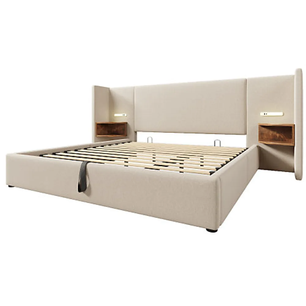 Lit coffre 180x200cm en lin - 2 tables de chavet avec liseuse - avec sommier à lattes - Beige>ModernLuxe Online