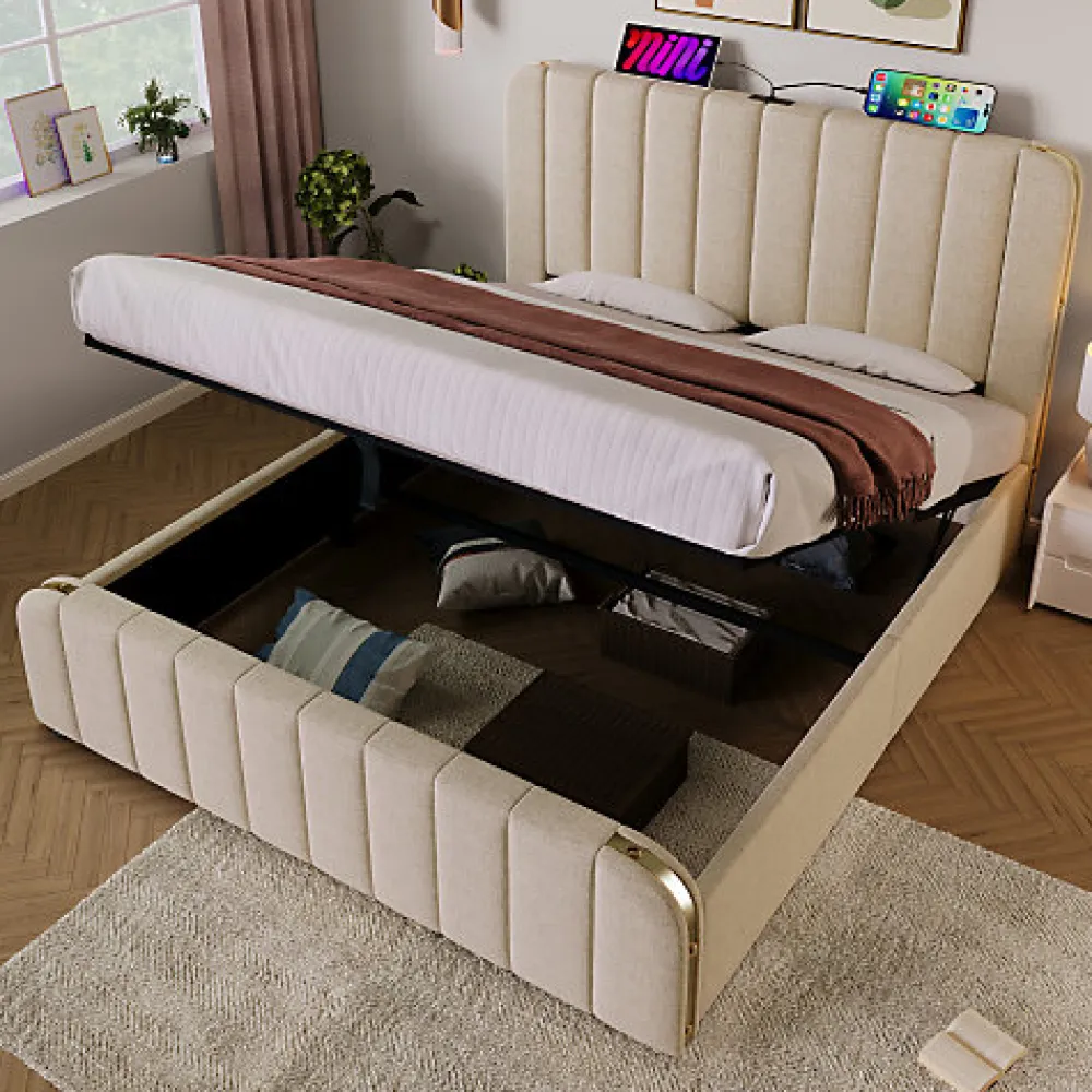 Lit coffre 140x200cm en tissu lin - avec recharge USB+Type-C - décoré de bandes dorées - Beige>ModernLuxe Online