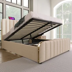 Lit coffre 140x200cm en tissu lin - avec recharge USB+Type-C - décoré de bandes dorées - Beige>ModernLuxe Online