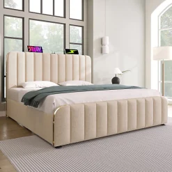 Lit coffre 140x200cm en tissu lin - avec recharge USB+Type-C - décoré de bandes dorées - Beige><noscript><img width=