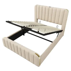 Lit coffre 140x200cm en tissu lin - avec recharge USB+Type-C - décoré de bandes dorées - Beige><noscript><img width=