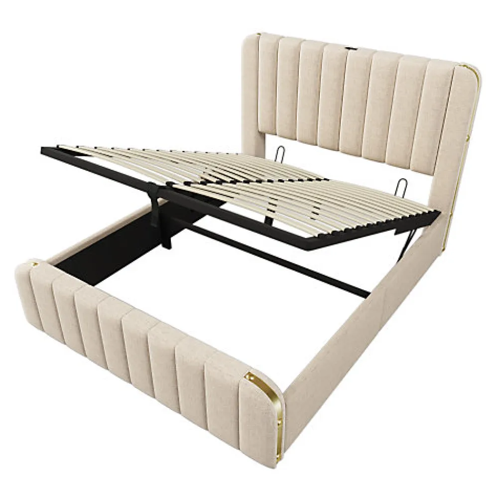 Lit coffre 140x200cm en tissu lin - avec recharge USB+Type-C - décoré de bandes dorées - Beige>ModernLuxe Online