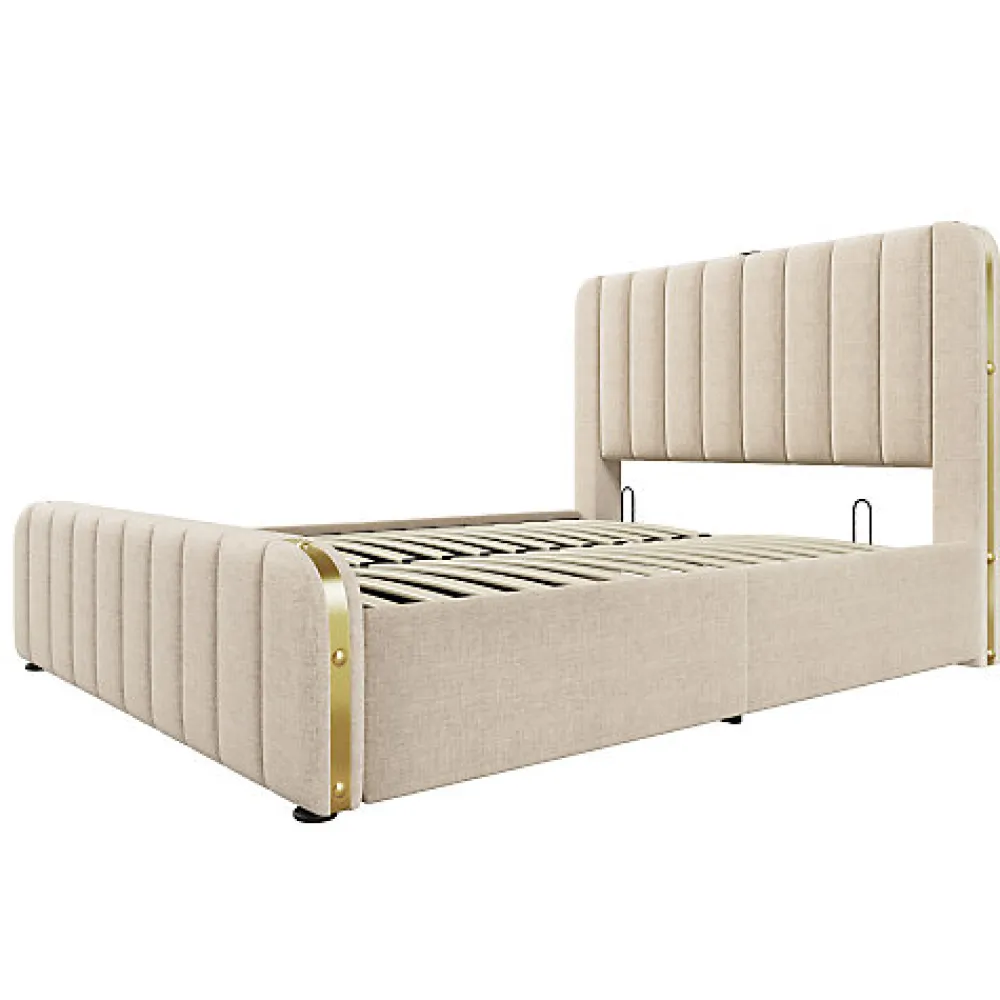 Lit coffre 140x200cm en tissu lin - avec recharge USB+Type-C - décoré de bandes dorées - Beige>ModernLuxe Online
