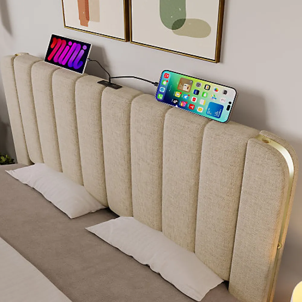 Lit coffre 140x200cm en tissu lin - avec recharge USB+Type-C - décoré de bandes dorées - Beige>ModernLuxe Online