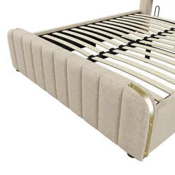 Lit coffre 140x200cm en tissu lin - avec recharge USB+Type-C - décoré de bandes dorées - Beige><noscript><img width=