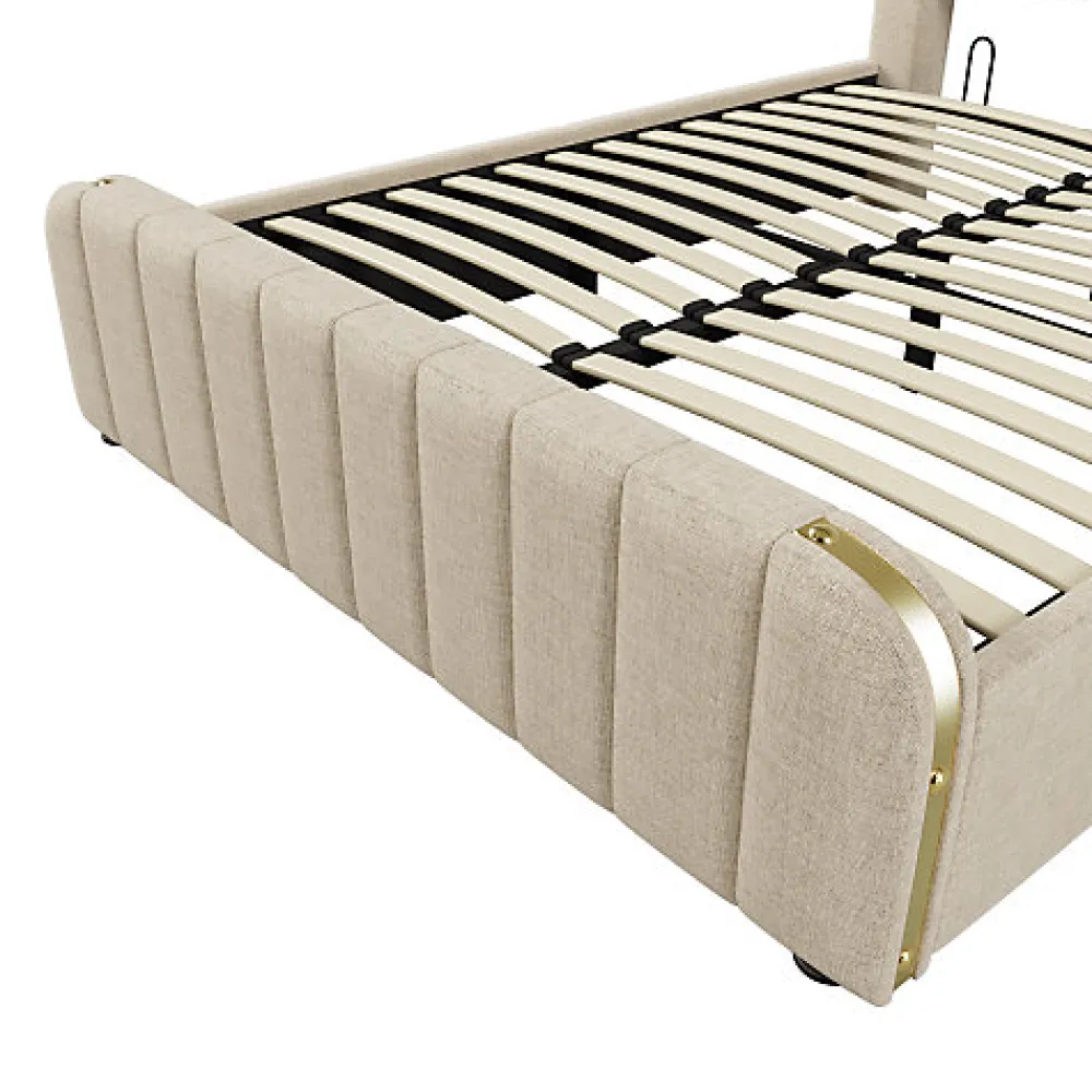 Lit coffre 140x200cm en tissu lin - avec recharge USB+Type-C - décoré de bandes dorées - Beige>ModernLuxe Online