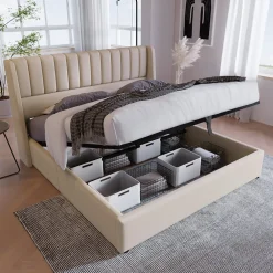 Lit coffre 160x200cm en tissu lin - avec tête de lit et sommier à lattes - Beige>Generique Best