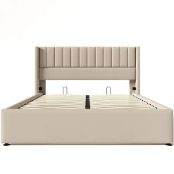 Lit coffre 160x200cm en tissu lin - avec tête de lit et sommier à lattes - Beige><noscript><img width=