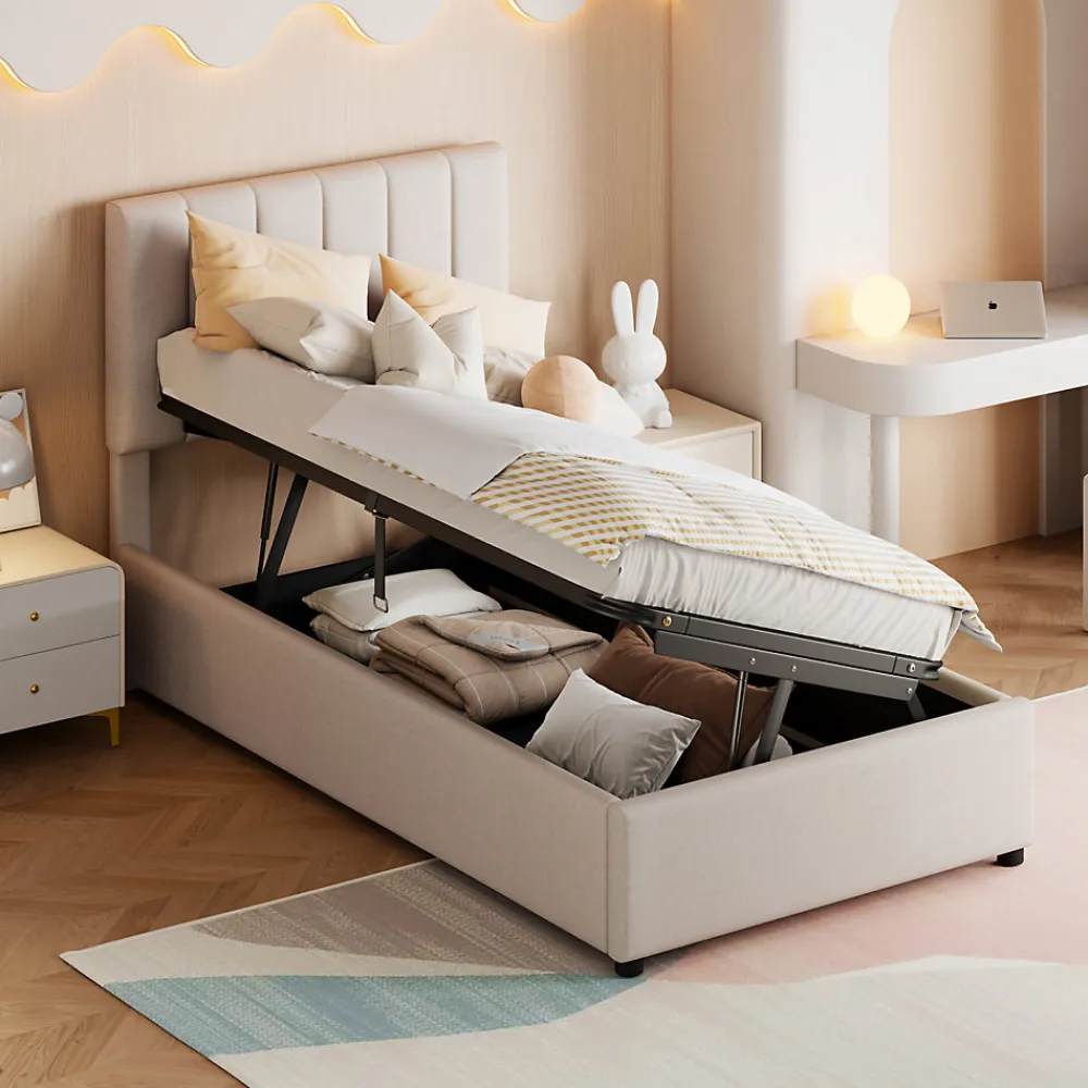 Lit coffre 90x200cm, lit capitonné d'enfant en lin, avec sommier à lattes et tête de lit, beige>ProximaX Sale