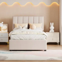 Lit coffre 90x200cm, lit capitonné d'enfant en lin, avec sommier à lattes et tête de lit, beige>ProximaX Sale