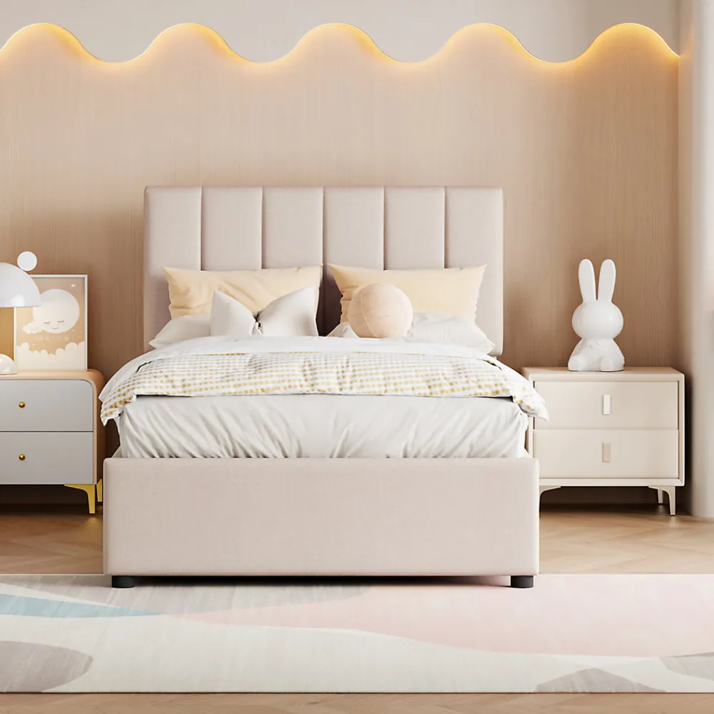 Lit coffre 90x200cm, lit capitonné d'enfant en lin, avec sommier à lattes et tête de lit, beige>ProximaX Sale