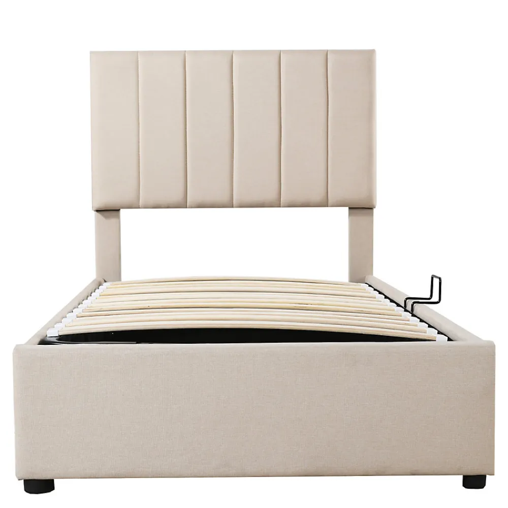 Lit coffre 90x200cm, lit capitonné d'enfant en lin, avec sommier à lattes et tête de lit, beige>ProximaX Sale