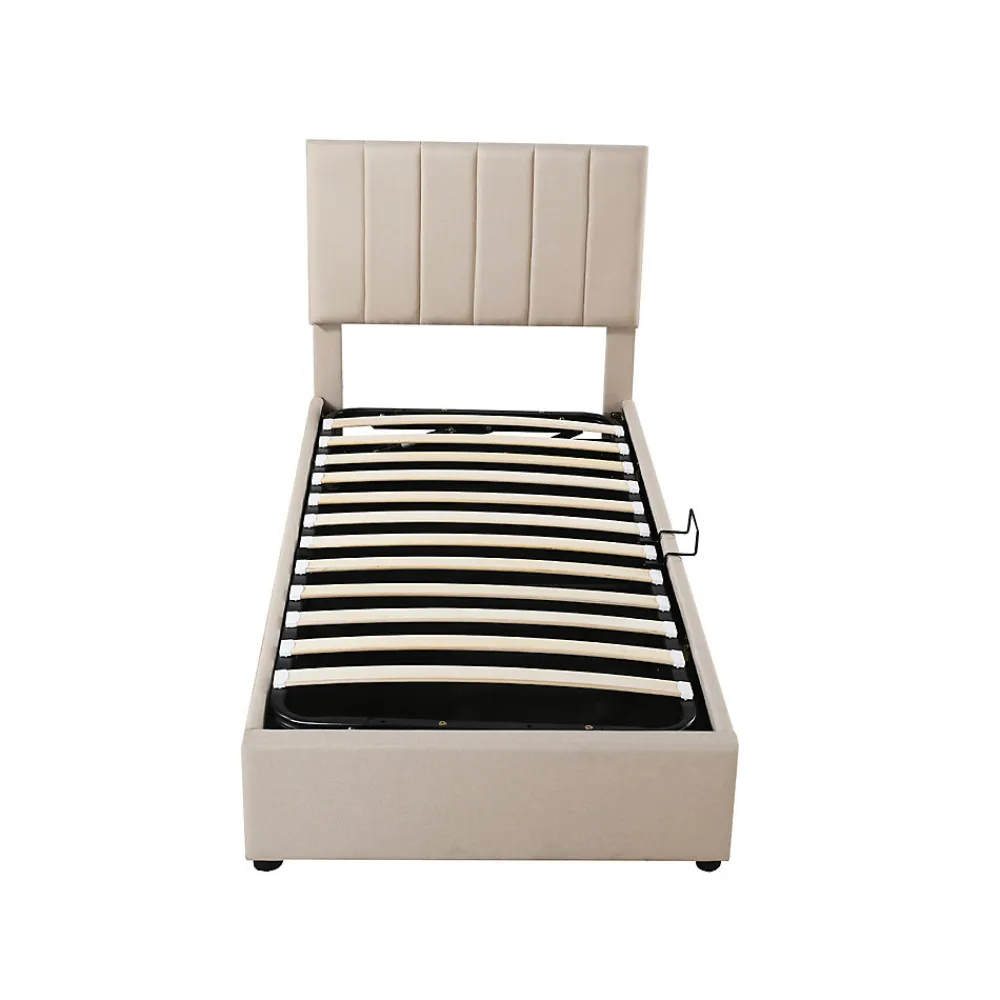 Lit coffre 90x200cm, lit capitonné d'enfant en lin, avec sommier à lattes et tête de lit, beige>ProximaX Sale